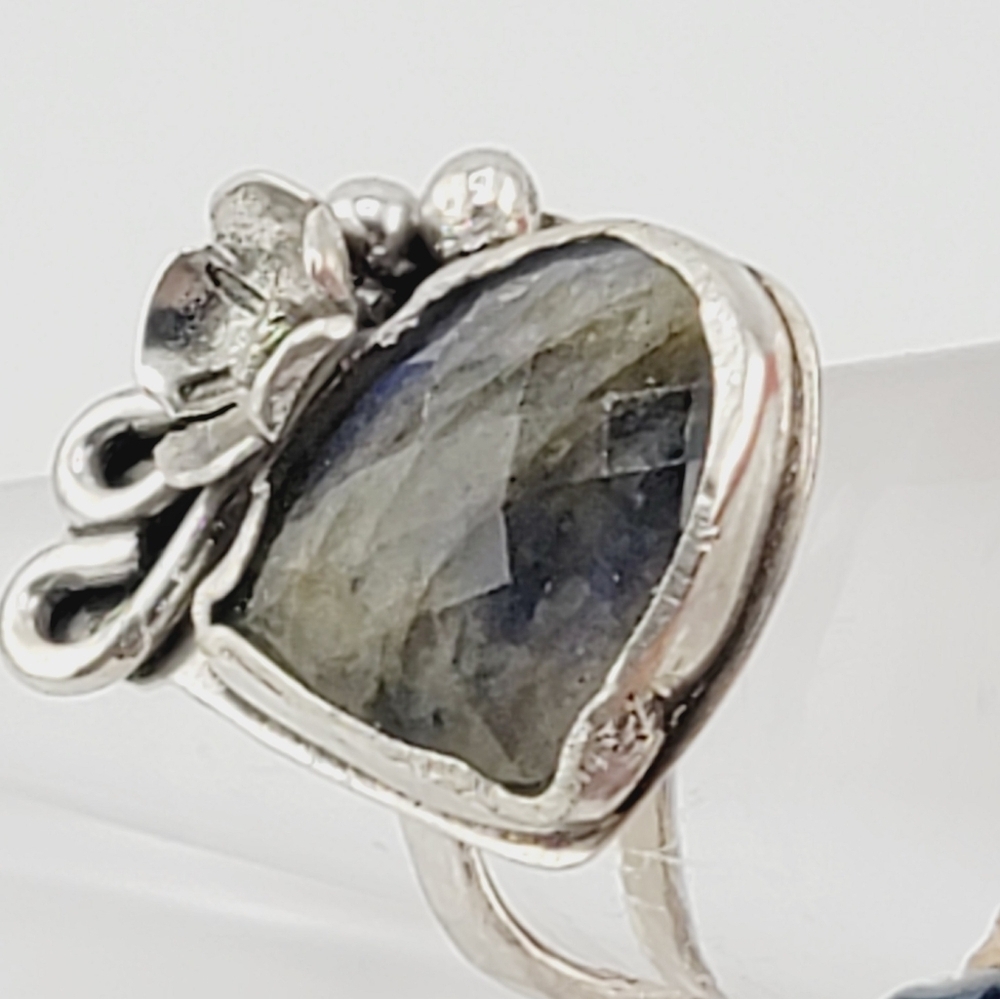 LABRADORITE FLORAL RING HANDMADE IN STERLING SILVER METAL SIZE 8.5